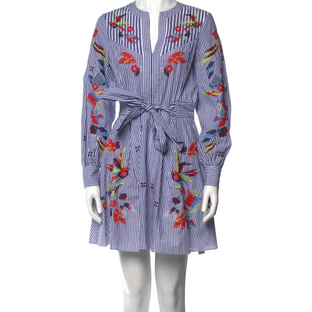 Tanya Taylor Striped Embroidered Dress - Blue and Multicolor